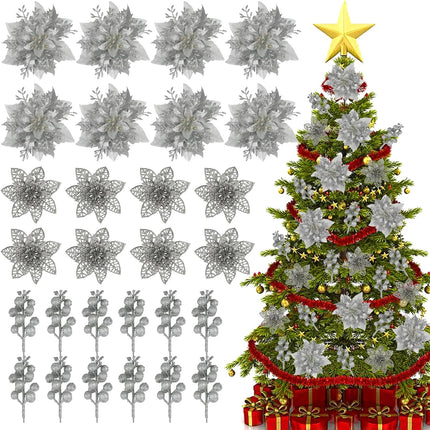 Sliver Christmas Flowers Artificial, 28 Pack sliver Poinsettia Artificial Christmas Flowers and Berry Stems for Christmas Tree decorations Xmas home Decor for Wreath Holiday Party indoor outdoor