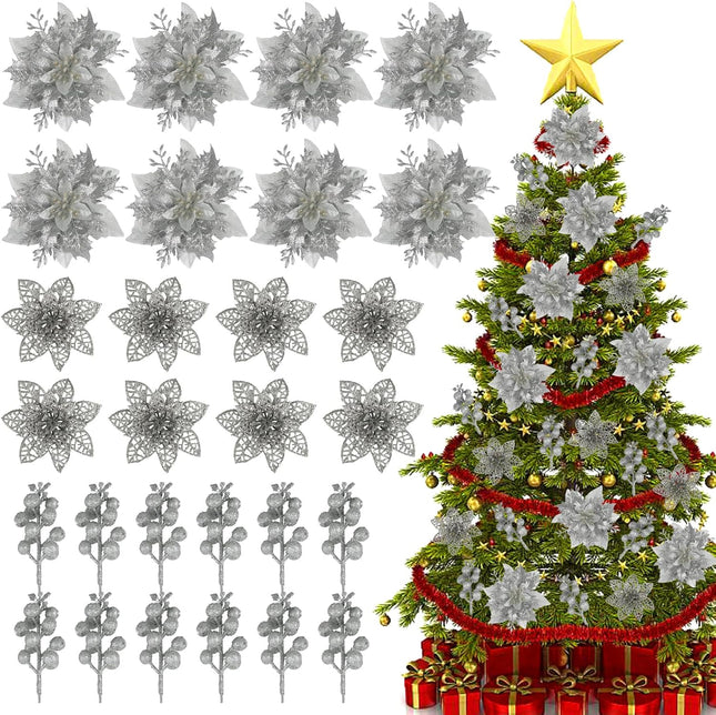 Sliver Christmas Flowers Artificial, 28 Pack sliver Poinsettia Artificial Christmas Flowers and Berry Stems for Christmas Tree decorations Xmas home Decor for Wreath Holiday Party indoor outdoor
