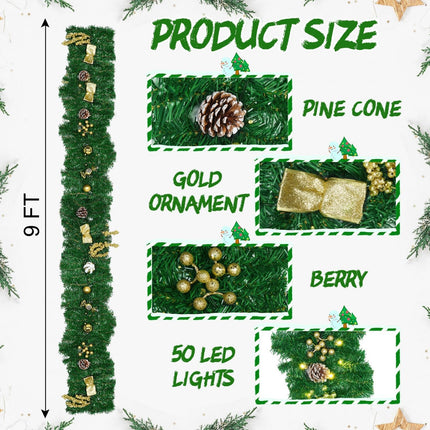 Rocinha 9 FT Christmas Garland Indoor Mantle Garland Christmas Decorations with Gold Berries Balls Pine Cones Outdoor Christmas Garland for Stairs Railing Fireplace Front Door