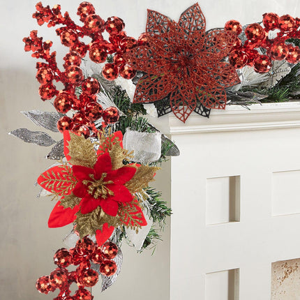 24Pcs Christmas Poinsettia Artificial Flowers and Glitter Berries Kit, 2 Styles Total 16Pcs Christmas Tree Flowers Ornaments, 8Pcs Christmas Tree Picks for Wedding Holiday Decorations, Red Gold