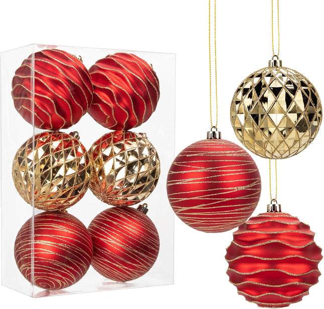 4.3" Large Christmas Balls Ornaments Set, 6-Pack Xmas Tree Decorations Balls, Shatterproof Glossy Pendant Plastic Indoor Christmas Decorations, Red and Gold Assorted Hanging Ball for Holiday, Party