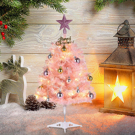 Mini Pink Christmas Tree, 24” Artificial Tabletop Christmas Tree with Lights & Hanging Ornaments, Small Desktop Xmas Tree for Party Supplies Home Indoor Decoration