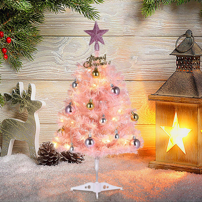 Mini Pink Christmas Tree, 24” Artificial Tabletop Christmas Tree with Lights & Hanging Ornaments, Small Desktop Xmas Tree for Party Supplies Home Indoor Decoration