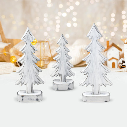 Set of 3 Christmas Trees Wooden Table Decorations Centerpiece Holiday Wood White Tree on Base Tiered Tray Tabletop Sign Decor 3 Sizes for Office Dining Mantle Home Winter Xmas Party Supplies