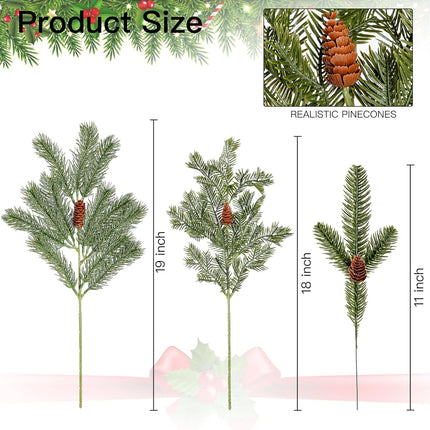 Sggvecsy 34 Pcs Artificial Pine Branches Faux Pine Needles with Pine Cones 19’’ Long Greenery Pine Picks Christmas Twigs Stems for DIY Garland Wreath Xmas Embellishing Home Garden Decoration