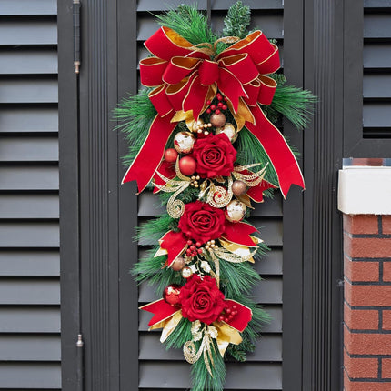 Christmas Swag Outdoor Teardrop Swag Christmas Teardrop Wreath- 36 Inch Green Evergreen Stair Swag Decorated with Red Rose Flowers,Velvet Bow Ribbon,Ball Ornaments for Front Door Stairway