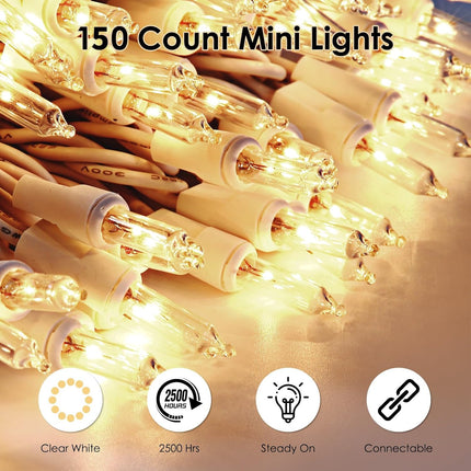 Christmas Lights 150 Count Clear Mini Lights White Wire UL Connectable Warm White String Lights for Christmas Tree,Garland,Home,Patio, Wedding,Party,Festival Decor