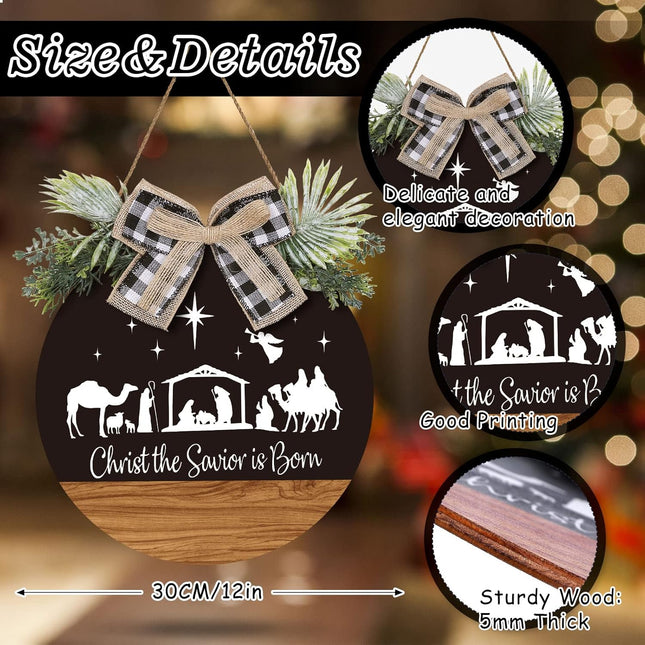 Whaline Christmas Wooden Hanging Sign Rustic Holy Night Front Door Sign Nativity Christ the Savior is Born Door Hanger with Bow for Home Indoor Outdoor Farmhouse Wall Window Decor