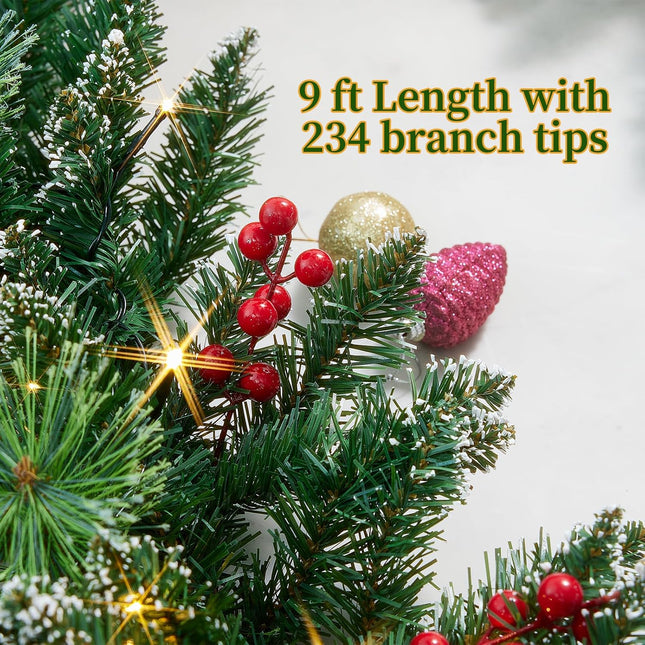 Christmas Garland with Lights, Battery Powered 8 Lighting Modes, 9FT 50 LED Luminous Christmas Decorations Indoor Home Decor