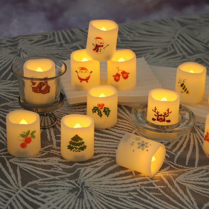 Magiq 12 Pack Flameless Votive with Santa Snowman Reindeer Battery Operated LED Candles Flickering Electric Fake Tealights Set Warm White for Christmas Home Party Decor