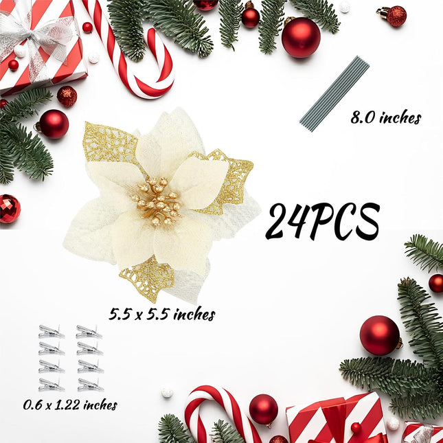 SITUMEIZI 24 Pcs Gold Poinsettia Artificial Christmas Flowers 5.5" Glitter Poinsettias Christmas Tree Decoration Flower with Stems & Clips for Wreath Xmas Tree Year Party Ornament Wedding