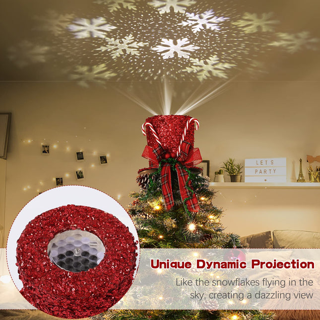 Lewondr Christmas Tree Topper Hat Projector, Snowman Hat Tree Topper with Snowflake Projector Light, Decorative Elf Hat Tree Topper for Xmas Tree Year Holiday Party Winter Home Decoration, Red