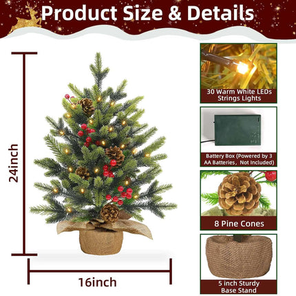 Tabletop Small Christmas Tree, 24 Inch/2FT Realistic-Feel PE Artificial Mini Christmas Tree with 30 Lights Timer Battery Operated 56 Norfolk Pine Tips 8 Pinecone 8 Red Berry Burlap Base Xmas Decor