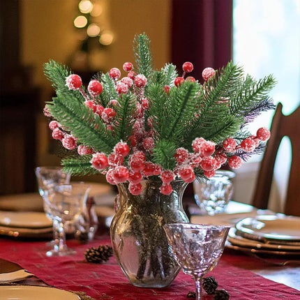 45 Pcs Artificial Pine Branches and 15 Fake Frosted Red Berry Stems, Christmas Picks and Sprays, Christmas Greenery Christmas Pine Needles for DIY Wreath Xmas Flower Arrangements Decoration
