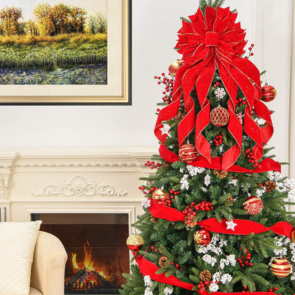 Christmas Tree Topper,33x13 inches Large Toppers Bow with Snowflake Pattern for Christmas Decoration (Red)