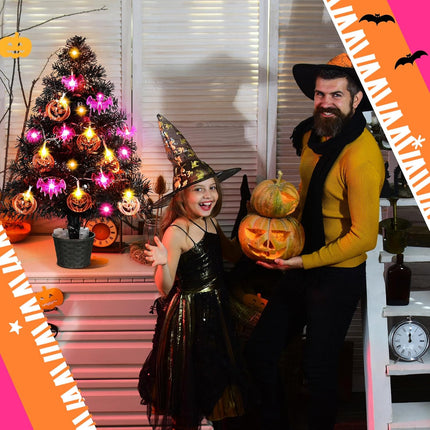 20 Inch Small Halloween Tree Mini Artificial Spooky Black Tree Glittered with LED Orange Pumpkin Purple Bat Lights, Battery Powered Tree for Halloween Indoor Room Tabletop Decoration