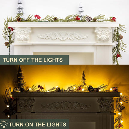 Christmas Garland with Lights, 6FT Artificial Red Berry Xmas Garland and Pinecones, Battery Operated with 20 Globe LEDs for Mantle, Front Door, Stairs Railing, Home Holiday, Indoor, Outdoor Decor