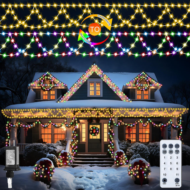 VIHOSE Christmas String Lights Outdoor Indoor 66ft 684 LED Color Changing Warm White&Multicolor with Remote Waterproof Lights Plug in for Roof Window Home Party Halloween Holiday Decor