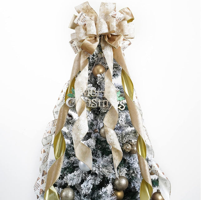 MEEDEE Champagne Christmas Tree Topper Champagne Glitter Christmas Bows 12" Wide Velvet Christmas Bows Gold Christmas Bows Champagne Bows for Christmas Tree Velvet Bows for Christmas Tree (1 Pack)