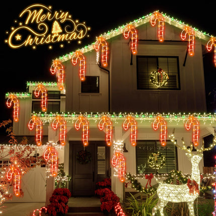 2 Pcs 26 ft Christmas Candy Cane String Lights Outdoor Christmas Hanging Lights Decorations with 6 Light up 360 Bulbs Candy Cane Icicle Hanging Lighted for Rooftop Tree Eaves Outdoor Holiday