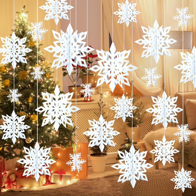 Ouddy Life Christmas Hanging Snowflake Decorations, 3D Large Paper Snowflakes Ornaments with Snowflakes Garland for Christmas Winter Wonderland Home Tree Year Holiday Party Decor (Pearl White)