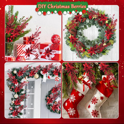 Artificial Glitter Berry Stem Ornaments, 18 Pack 17.5 Inch Red Fake Christmas Picks Decorations with Poinsettia Christmas Flowers,Twigs Bead Sticks for Christmas Tree Wedding Small Vase Wreath Decor