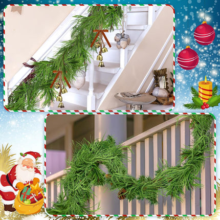 5 FT Christmas Garlands Norfolk Pine Garland Artificial Norfolk Garland Real Touch Pine Garland Faux Greenery Cedar Garland with 2 Set Cow Bells on Rope for Mantle Table Fireplace Holiday Winter Decor