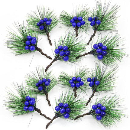 DULRLLY 24 Pcs Artificial Pine Picks, Winter Berries Holly Spray Wire Stems, Mini Stimulation Red Berries Branches for Xmas Flower Arrangements Wreaths and Holiday Decorations… (Blue)