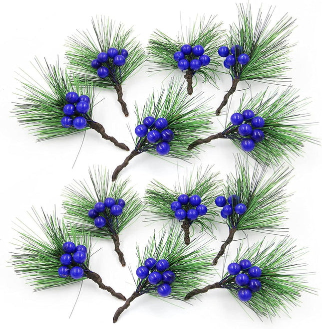 DULRLLY 24 Pcs Artificial Pine Picks, Winter Berries Holly Spray Wire Stems, Mini Stimulation Red Berries Branches for Xmas Flower Arrangements Wreaths and Holiday Decorations… (Blue)