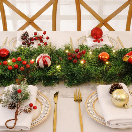 Dolicer 9 FT Artificial Christmas Garland, Christmas Garland with 50 LED Lights, Garlands for Decoration Christmas with Red Berries Christmas Balls Bowknots for Xmas Mantle Table Indoor Outdoor Decor