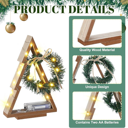 Leinuosen Set of 2 Wood Christmas Tree with Lights Farmhouse Lighted Wooden Christmas Tree with Mini Xmas Wreath and Bow for Home Tabletop Fireplace Mantle Shelf Decor Holiday Centerpiece Decorations