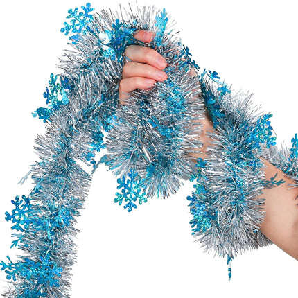 AnyDesign 32.8Ft Christmas Tinsel Garland Blue Sliver Metallic Twist Garland with Snowflakes Christmas Party Decorative Garland for Xmas Tree Classroom Office Christmas Party Decor DIY Craft