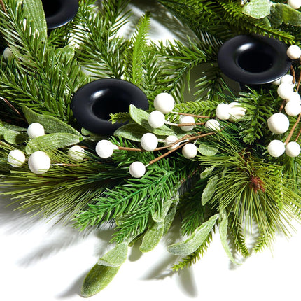 LampLust Advent Wreath Candle Holder, 14 Inch Advent Candle Wreath, Pine Candle Ring with White Berries and Black Candle Holders, Traditional Catholic Advent Wreath Christmas Decoration Set