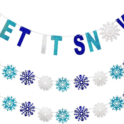3 Pieces Let It Snow Banner, Glitter Winter Snowflake Garland Banner, White Blue Snowflake Hanging Ornaments for Christmas Holiday Party Decorations Year Festive Frozen Party Supplies