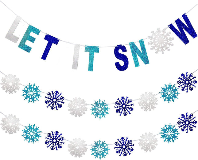 3 Pieces Let It Snow Banner, Glitter Winter Snowflake Garland Banner, White Blue Snowflake Hanging Ornaments for Christmas Holiday Party Decorations Year Festive Frozen Party Supplies
