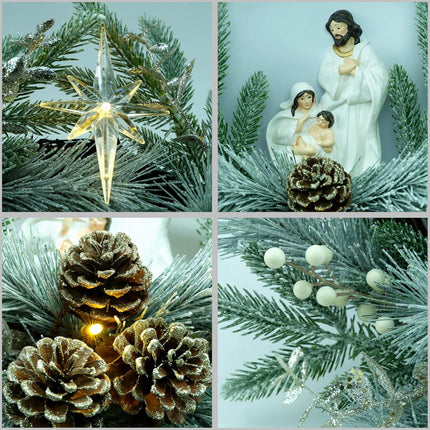 YULETIME 20" Pre-Lit Nativity Wreath, Battery Operated with 10 Fairy Lights, Holy Family Nativity Statue, Star of Bethlehem, Pine Cones, White Mistletoe, Frosted Spruce Branches (Nativity Frosted)