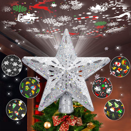 Christmas Tree Topper Lighted with 6 Pattern Projection Modes, Christmas Star Tree Topper Built-in LED Rotating Lights, 3D Glitter Projector for Christmas Decorations (Silver)