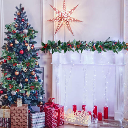 jiebor Christmas Garland Red Berry Green Leaf Garland Artificial Holly Leaves Garland for Christmas Tree Mantle Fireplace Winter Holiday Home Outdoor Indoor Front Door Window Wall Decorations 5.7Ft