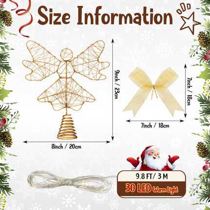 Sumind Angel Christmas Tree Topper Bow 9 Inch Lighted Christmas Tree Topper Glittered Angel Tree Topper with 30 LED String Light Christmas Tree Ornament Xmas Tree Decoration Supplies(Gold)