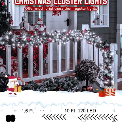 Brightown Christmas Cluster Lights Battery Operated Outdoor, 10Ft 120 LED Christmas Tree Lights Firecracker String Lights Waterproof Twinkle Lights for Indoor Wreath Xmas Tree Decorations, Cool White