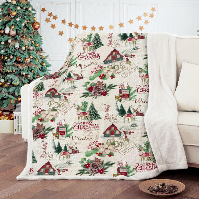 Christmas Red Garland and Green Leaves Patterns Blanket with Christmas Tree Pattern Blanket Soft Fluffy Fleece Bedding Throw for Bed Couch Sofa 60"x80"