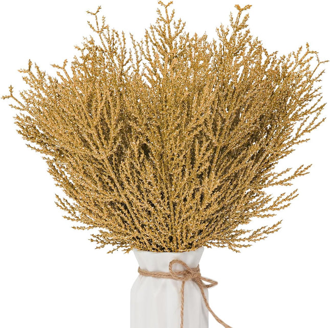 RECUTMS Faux Greenery Stems Glitter Artificial Cedar Branches Plastic Pine Needles for Decorating 20 Pcs DIY Garland Wreath Christmas Outdoor Garden Indoor Party Decor (Gold)