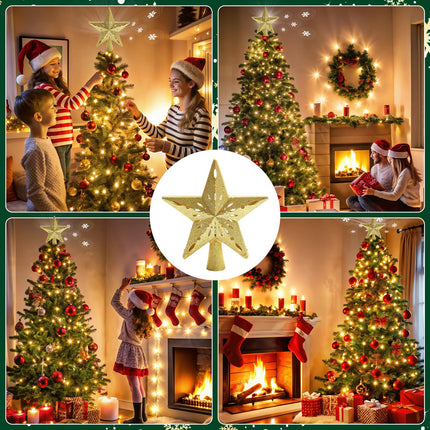 Christmas Tree Topper Lighted, Hollow Star Tree Topper with 8 Projection Modes, Christmas Ornaments Built-in LED Rotating Lights,Dynamic Projection for Xmas,Halloween Decorations (Gold&Multi)