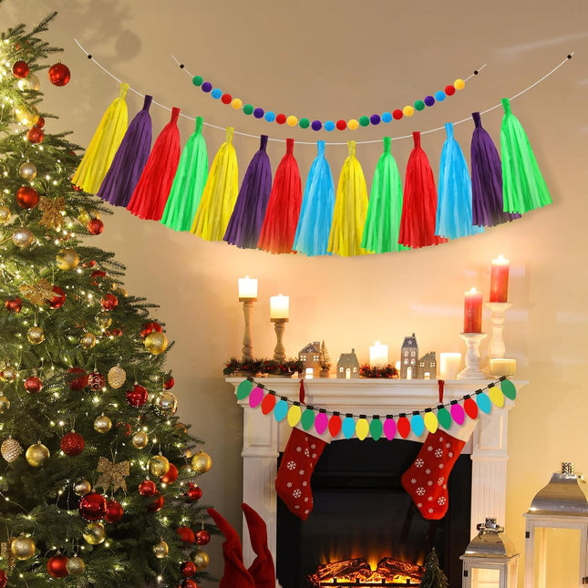 3 Pcs Felt Christmas Garland Colorful Felt Ball Christmas Light Bulb Garland Decor Xmas Rainbow Bulbs Tassels Garland for Home Christmas Tree Wall Party Decorations