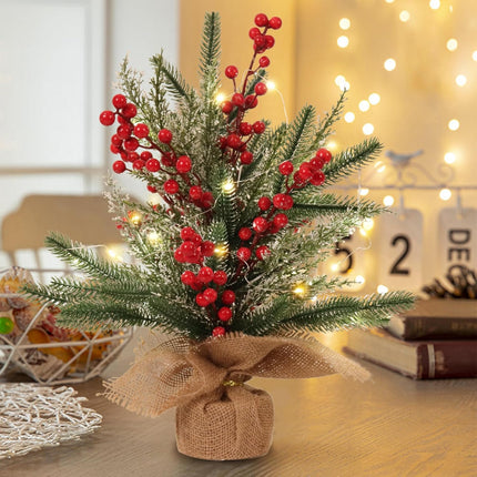 RECUTMS Tabletop Mini Christmas Tree Small Christmas Tree with Lights for Table Faux Miniature Xmas Trees with Red Berries Burlap Base Pine Branches Artificial Trees Indoor Home Decor s