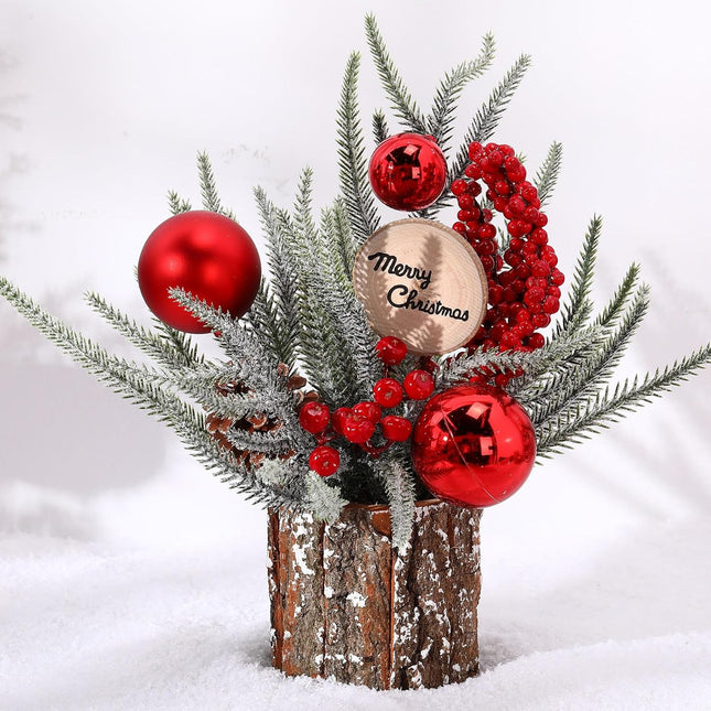 Zhehao 12'' Small Christmas Tree Artificial Mini Tabletop Christmas Tree Decorations with Red Ball Red Berry Pine Cone Greenery Wood Signs Portable Christmas Decor for Party Holiday Fireplace