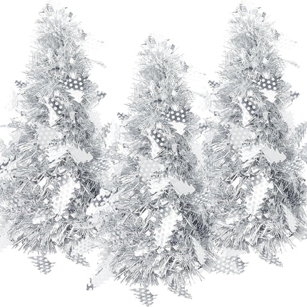 Mini Christmas Tree, Artificial Tinsel Pencil Tree, Silver Tabletop Christmas Tree Battery Operated Small Christmas Tree for Table, Desk, Home, Office Decor - 3 Pieces (Silver)