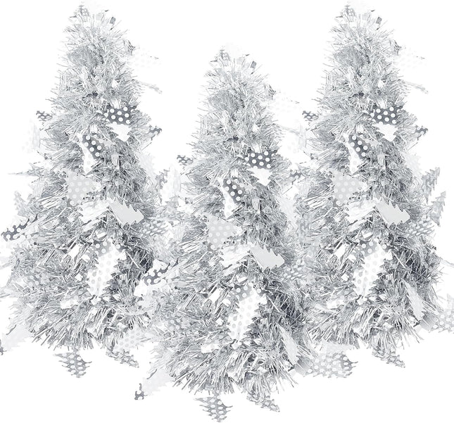 Mini Christmas Tree, Artificial Tinsel Pencil Tree, Silver Tabletop Christmas Tree Battery Operated Small Christmas Tree for Table, Desk, Home, Office Decor - 3 Pieces (Silver)
