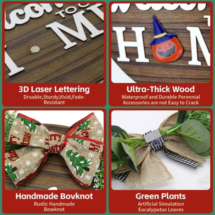 Front Door Decoration Rustic Round Wood Christmas Wreath with 12’‘ Door Hanger,14pcs Interchangeable Seasonal Welcome Sign, Outdoor Wall Hanging, Spring, Summer, Fall and All Seasons Holidays