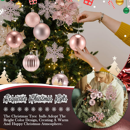 Ceenna 132 Pcs Christmas Tree Ornaments Set Glitter Poinsettia Flowers 2.36 inch Christmas Balls Snowflakes Decorations Artificial Berry Picks for Xmas Tree Wreath, Hooks Included (Rose Gold,Delicate)